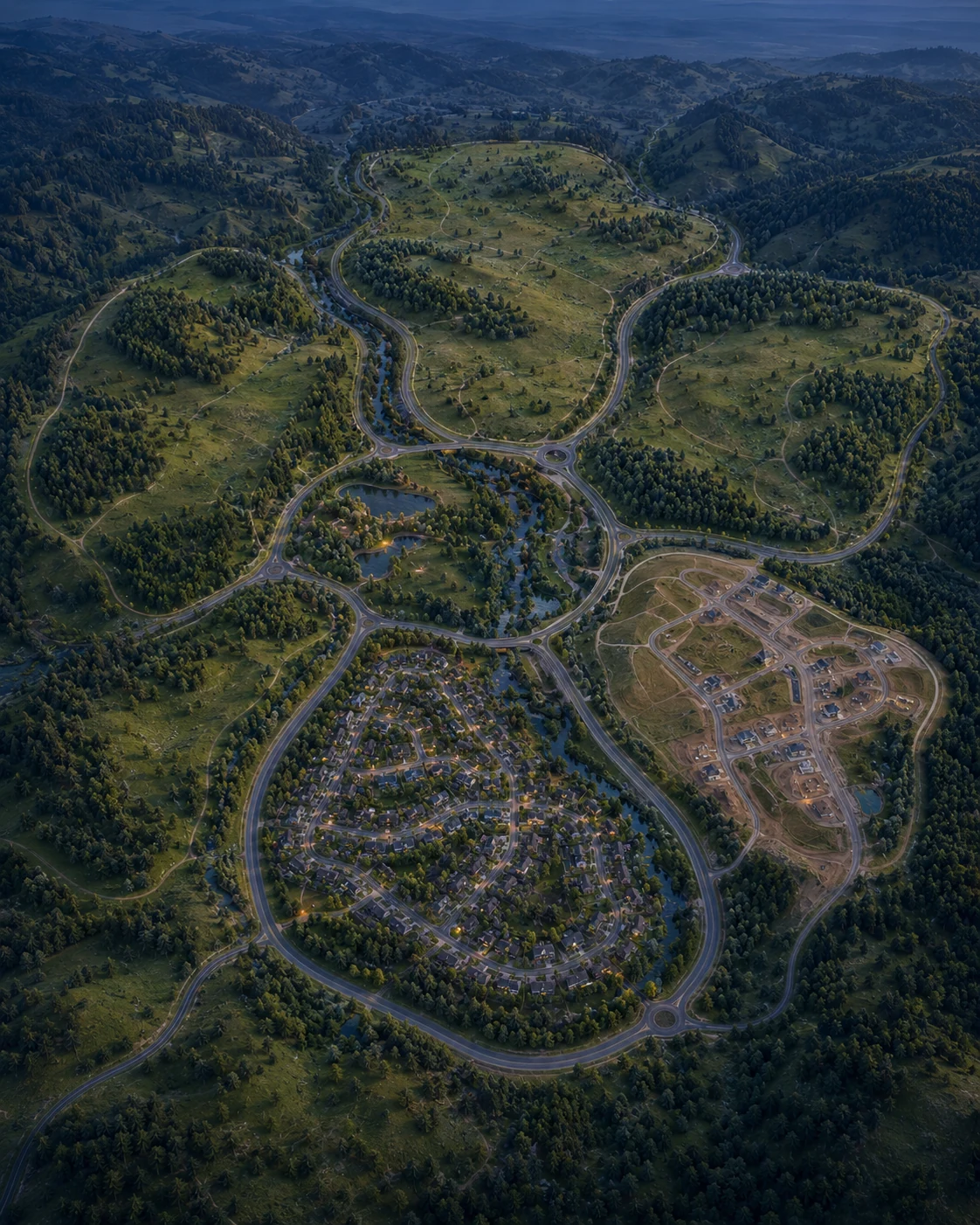 Willowwood Hills at dusk, seen from above: wooded ridges, a creek and a pond, and roads looping around six clearings.
